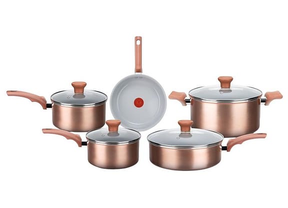 Jogo de Panelas Rochedo Cerâmico de Alumínio Rose Gold Fundo Triplo 5 Peças Ceramic