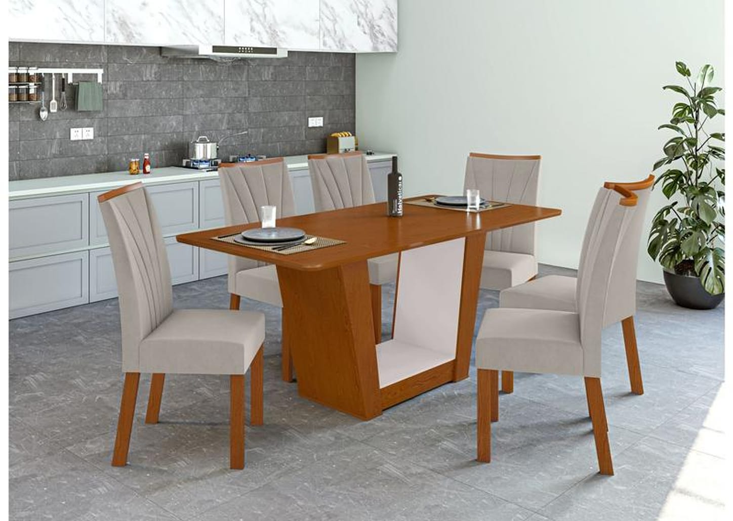 Mesa de Jantar 6 Cadeiras Retangular Frassino e Off White Móveis Lopas Apogeu