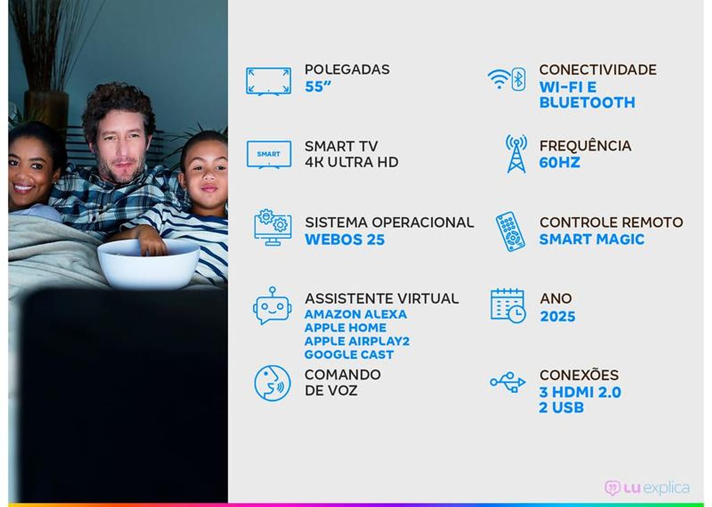 Smart TV 55" LG 4K Ultra HD QNED 55QNED70ASA WebOS 25 α7 AI Processor 4K Gen8 Alexa 3 HDMI 2 USB