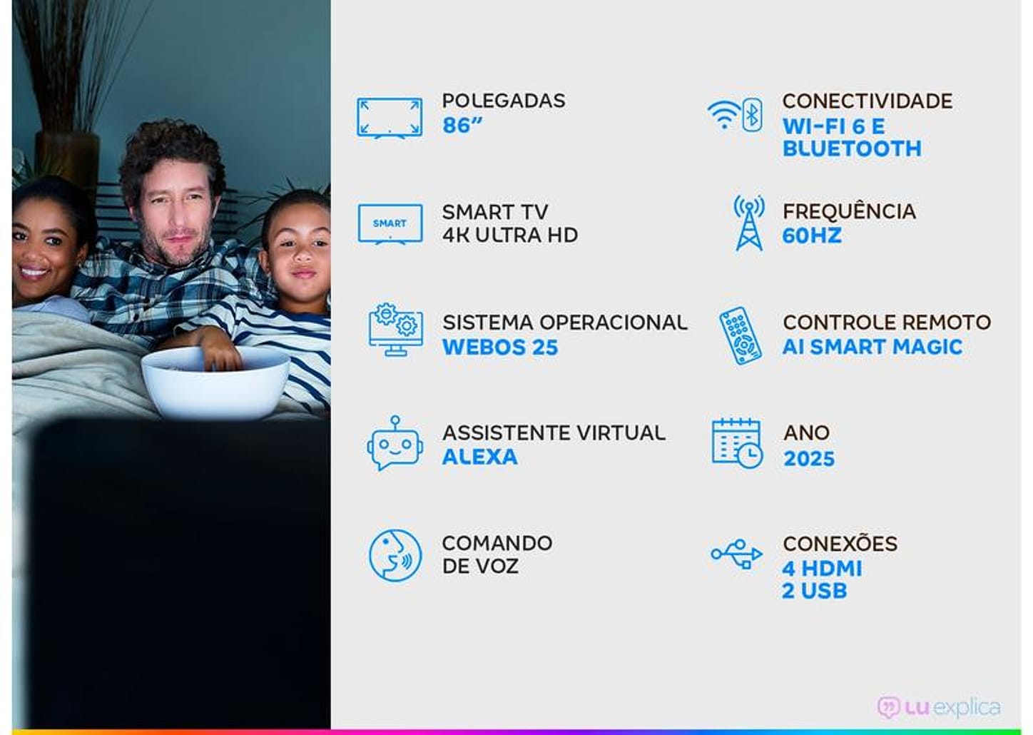 Smart TV 86" LG 4K Ultra HD QNED MiniLED 86QNED85ASG webOS 25 α8 AI Processor 4K Gen2 Alexa 4 HDMI 2 USB