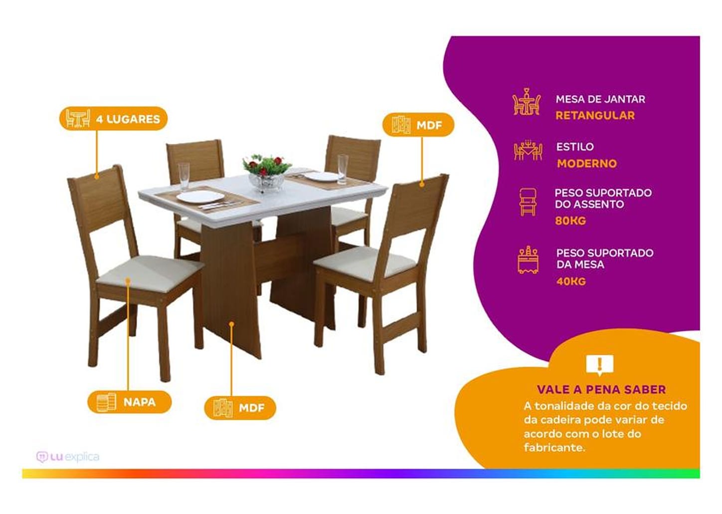 Mesa de Jantar 4 Cadeiras Retangular Cinamomo/Off White Destak Móveis São Carlos