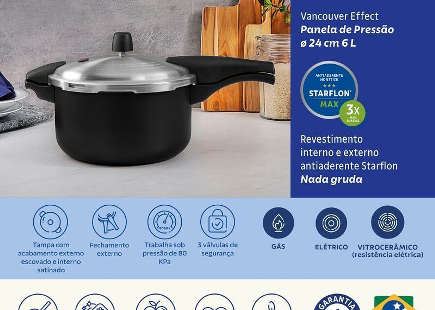 Panela de Pressão 24 cm 6L Vancouver Effect Preta Tramontina