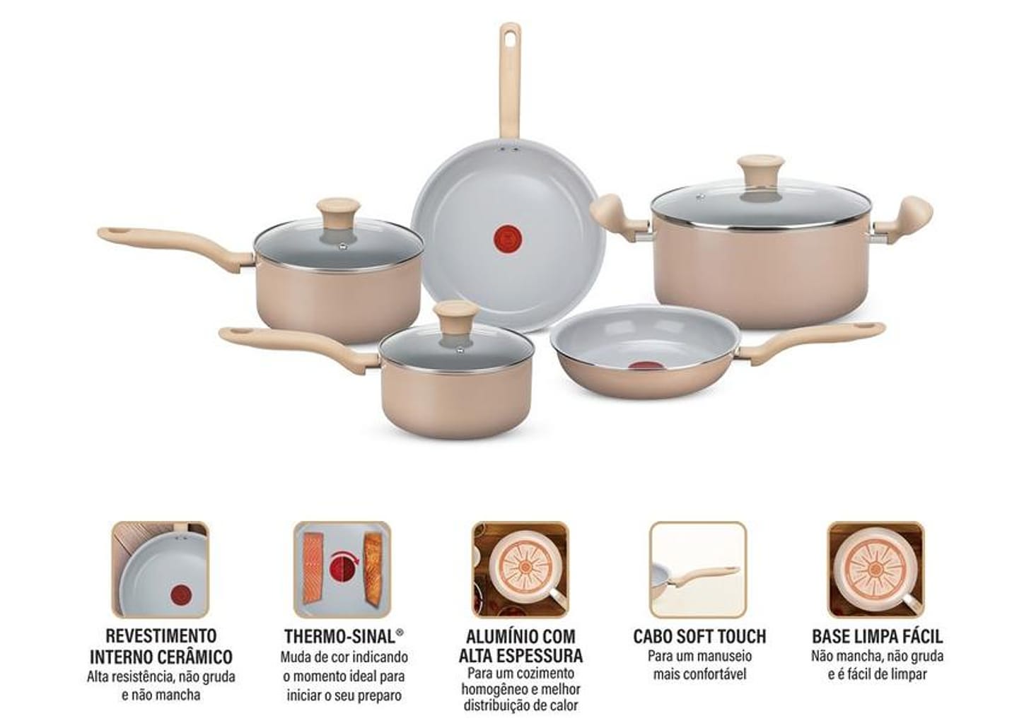 Jogo de Panelas Rochedo de Alumínio Vanilla Fundo Triplo 5 Peças Ceramic Light Sand