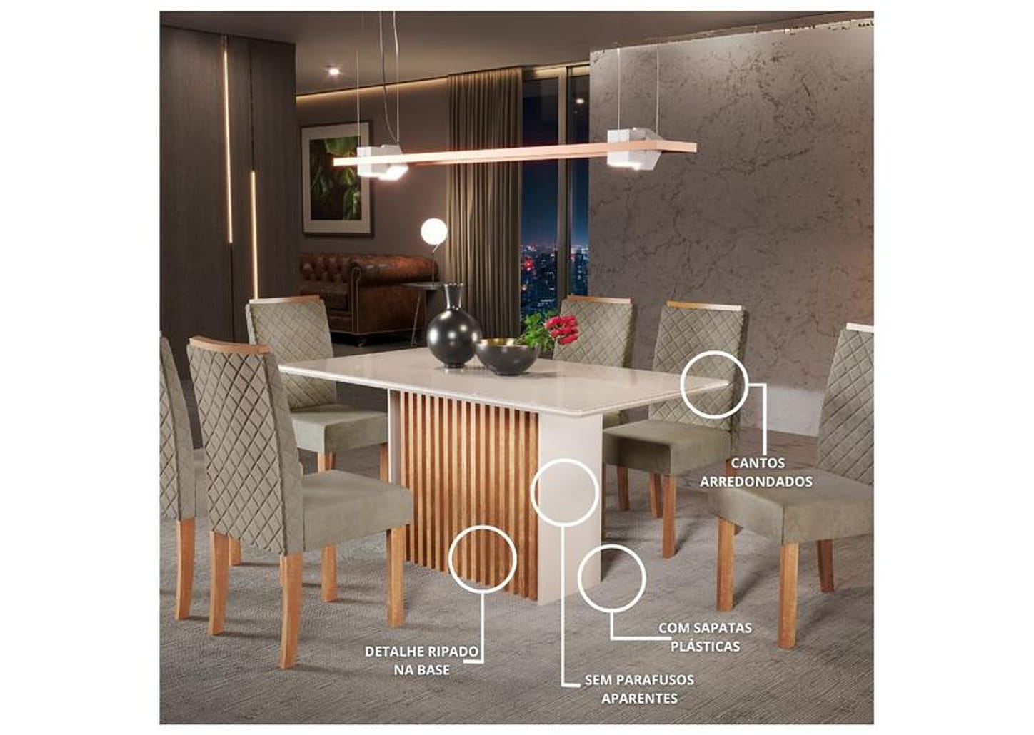 Mesa de Jantar 6 Cadeiras 6 Lugares Retangular Mel e Off White Sonetto Móveis Cris