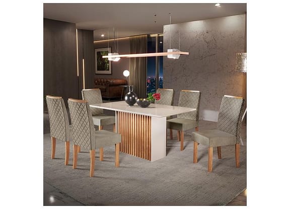 Mesa de Jantar 6 Cadeiras 6 Lugares Retangular Mel e Off White Sonetto Móveis Cris