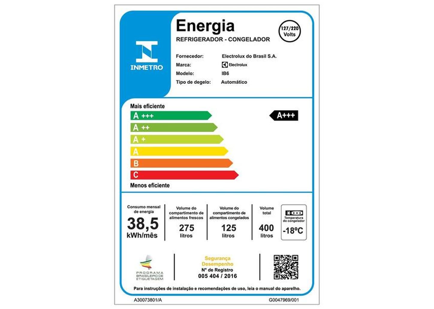 Geladeira/Refrigerador Electrolux Frost Free Inverse Branco 400L Efficient IB6 Bivolt