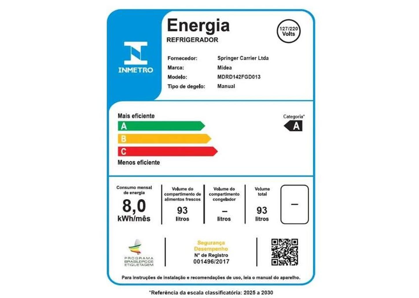 Frigobar Midea 93L Branco Inverter MDRD142FGD013