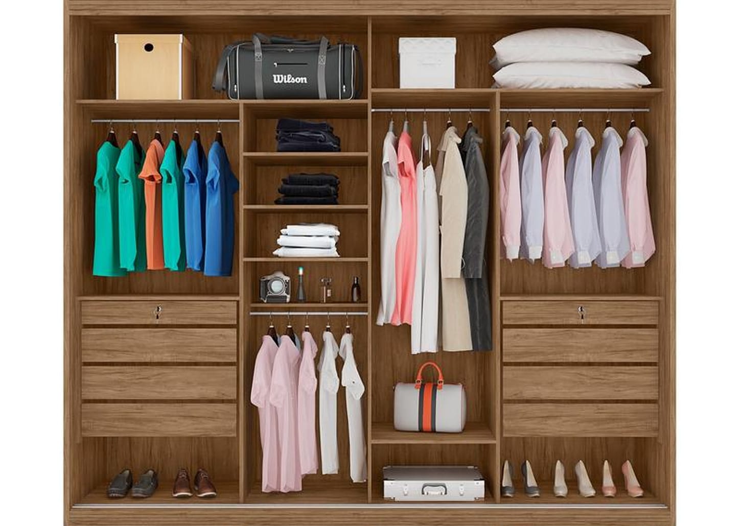 Guarda-roupa Casal com Espelho 8 Gavetas 2 Portas Móveis Lanza Londres