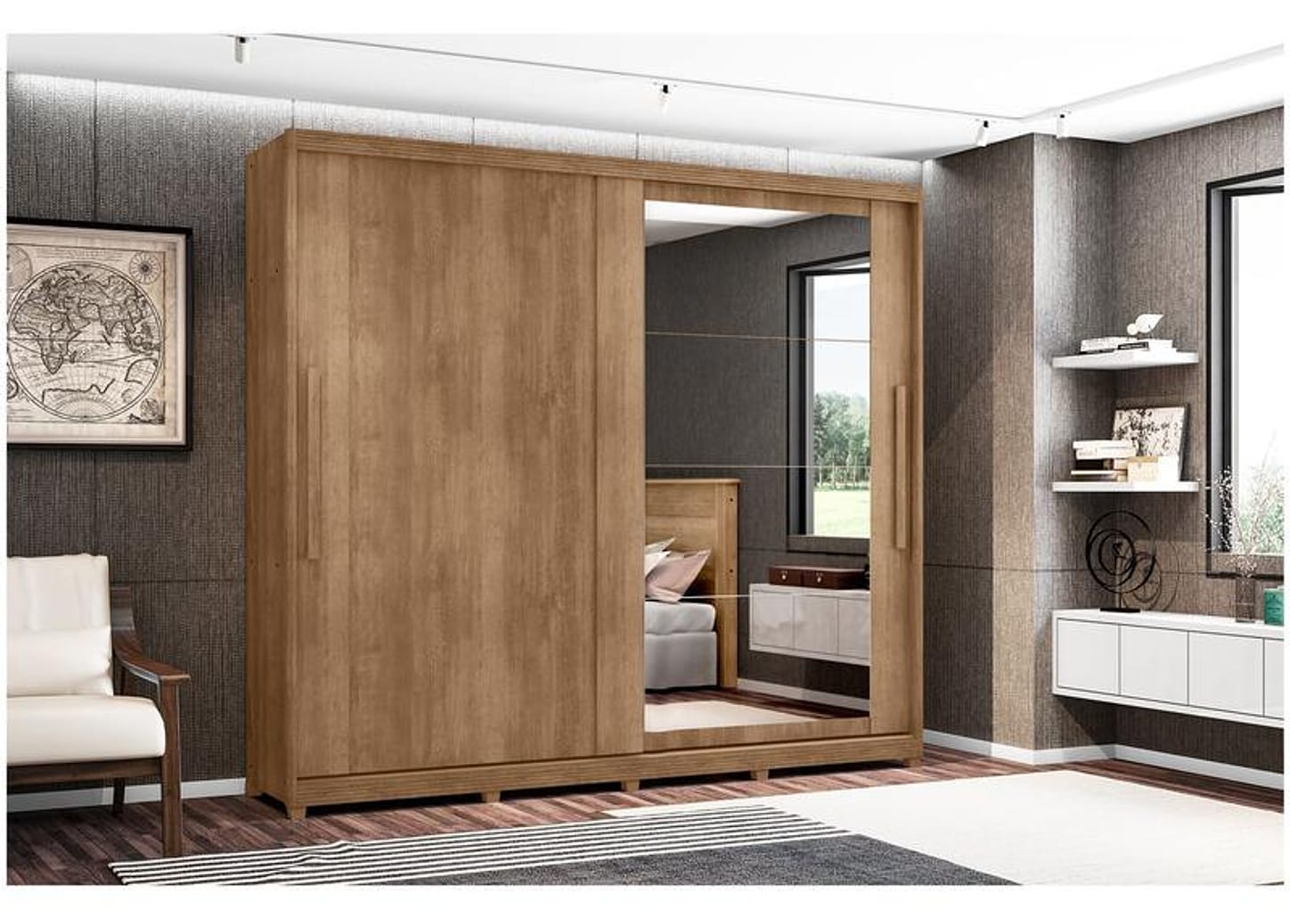 Guarda-roupa Casal com Espelho 8 Gavetas 2 Portas Móveis Lanza Londres