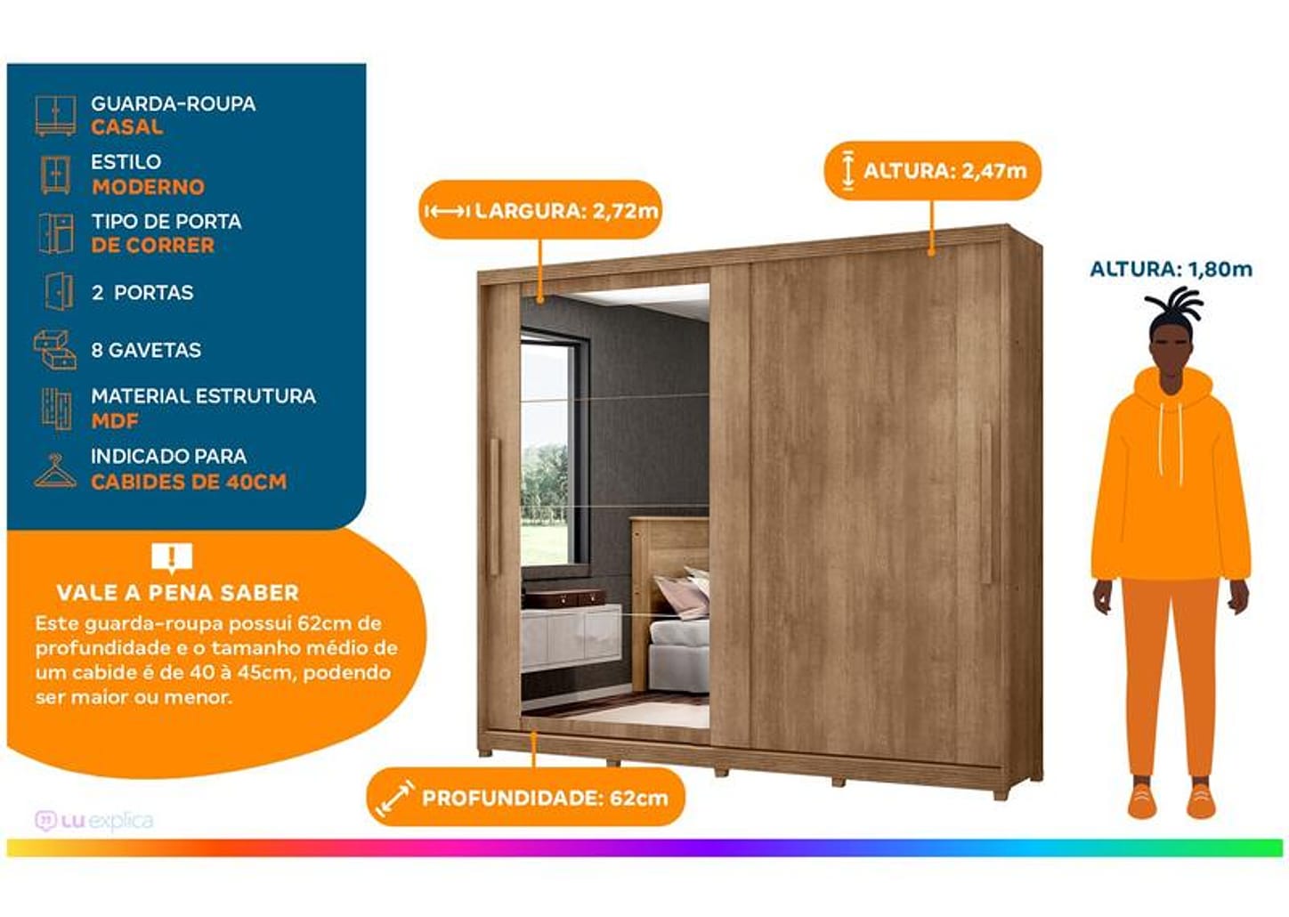 Guarda-roupa Casal com Espelho 8 Gavetas 2 Portas Móveis Lanza Londres