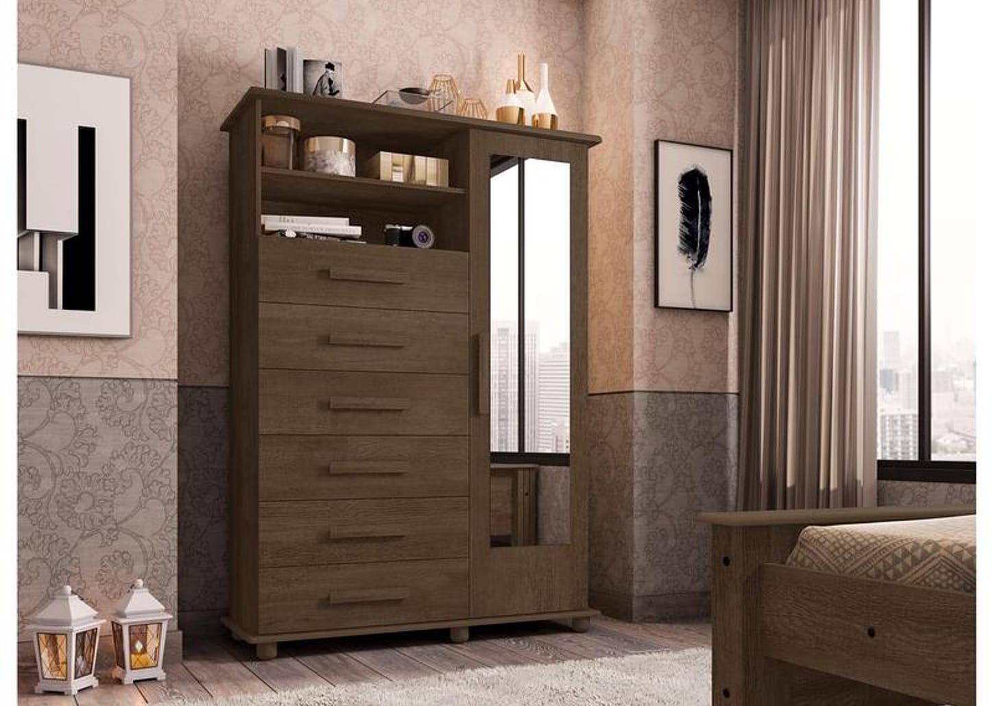 Cômoda com Espelho 6 Gavetas 1 Porta Móveis Lanza Atenas