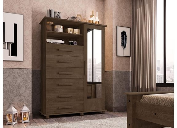 Cômoda com Espelho 6 Gavetas 1 Porta Móveis Lanza Atenas