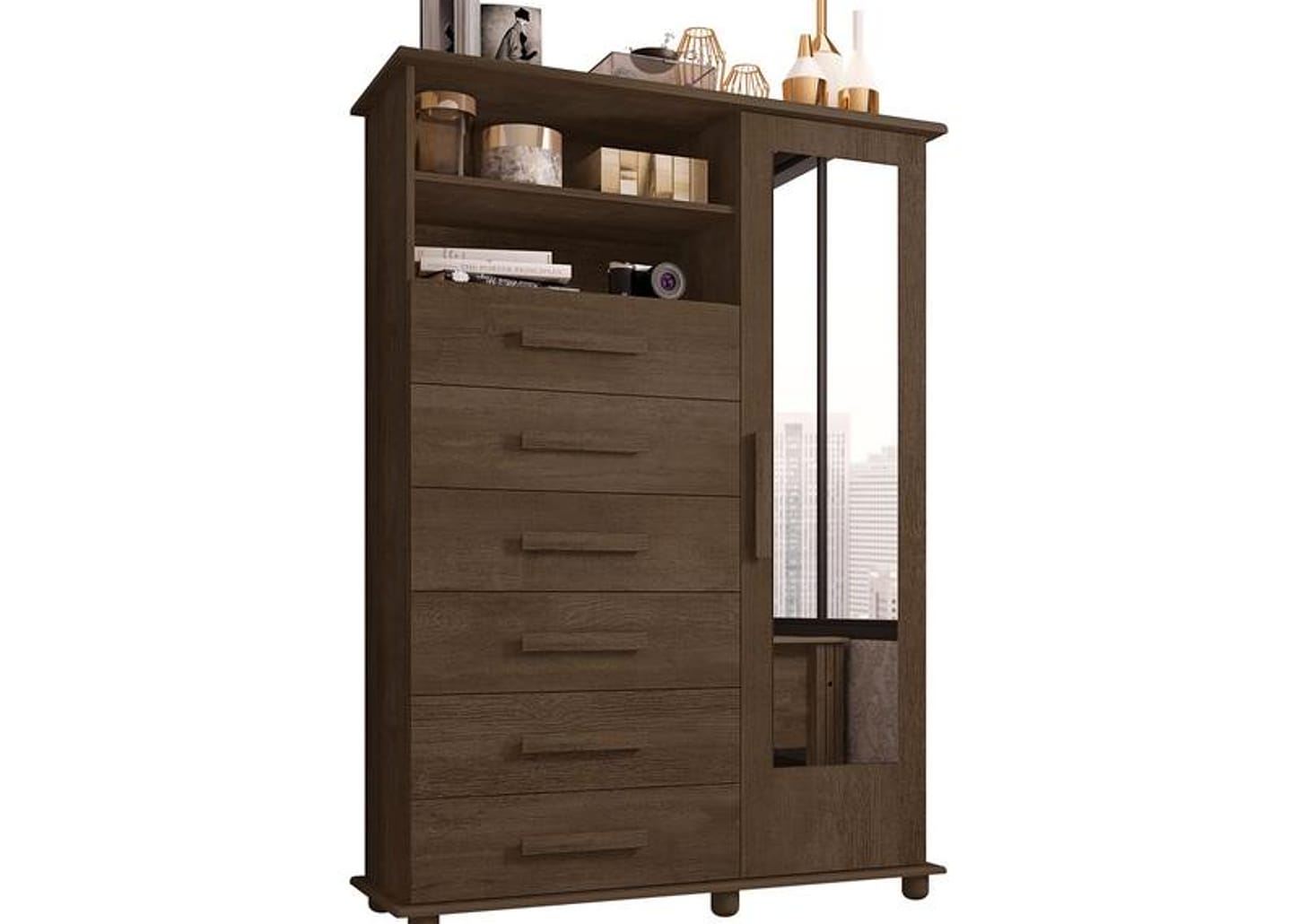 Cômoda com Espelho 6 Gavetas 1 Porta Móveis Lanza Atenas