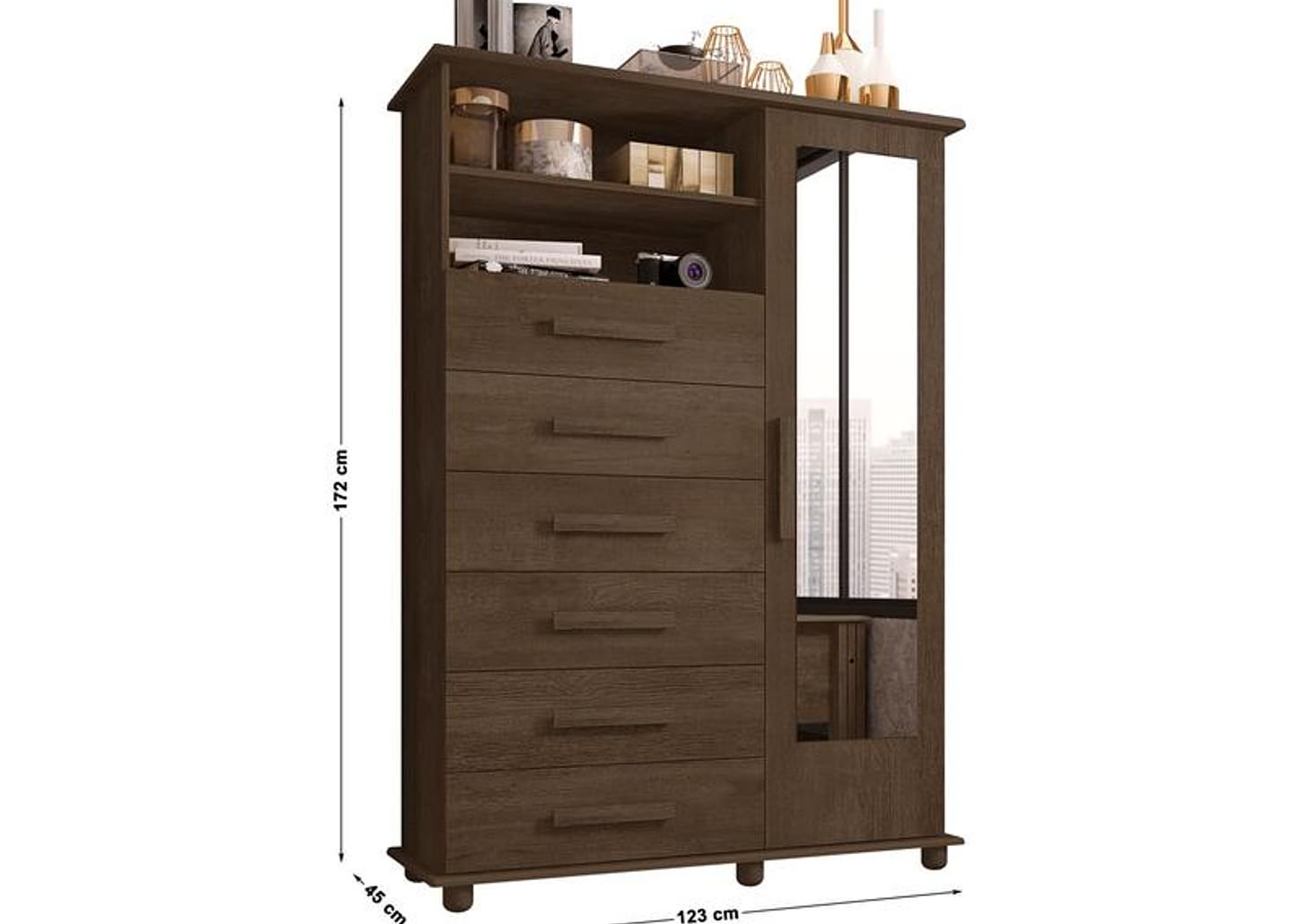 Cômoda com Espelho 6 Gavetas 1 Porta Móveis Lanza Atenas