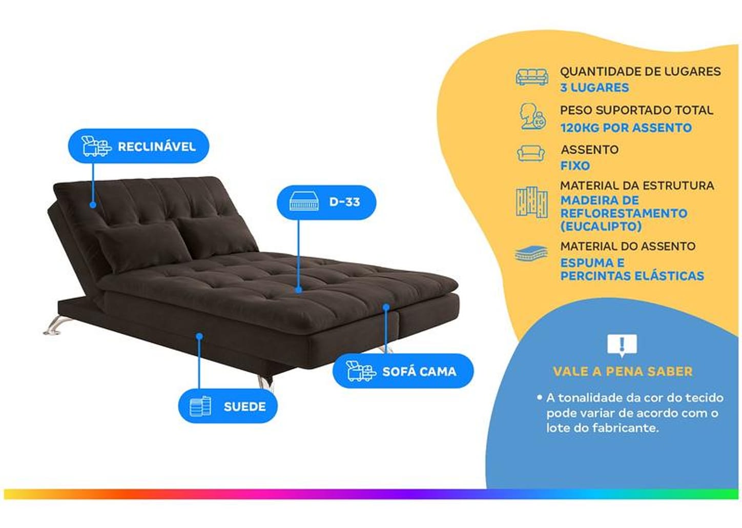 Sofá-cama 3 Lugares Reclinável Linoforte Jade