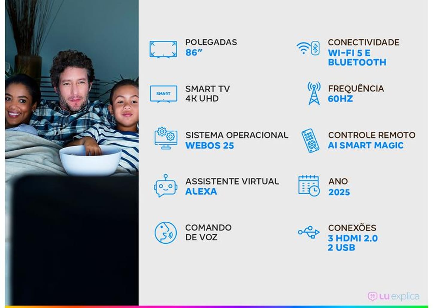 Smart TV 86" LG 4K Ultra HD 86UA8550PSA webOS 25 α7 AI Processor 4K Gen8 Alexa 3 HDMI 2.0 2 USB