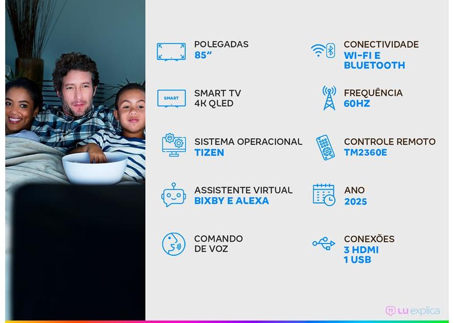 Smart TV 85" Samsung 4K QLED QN85Q7FAAGXZD Tizen Q4 AI 3 HDMI