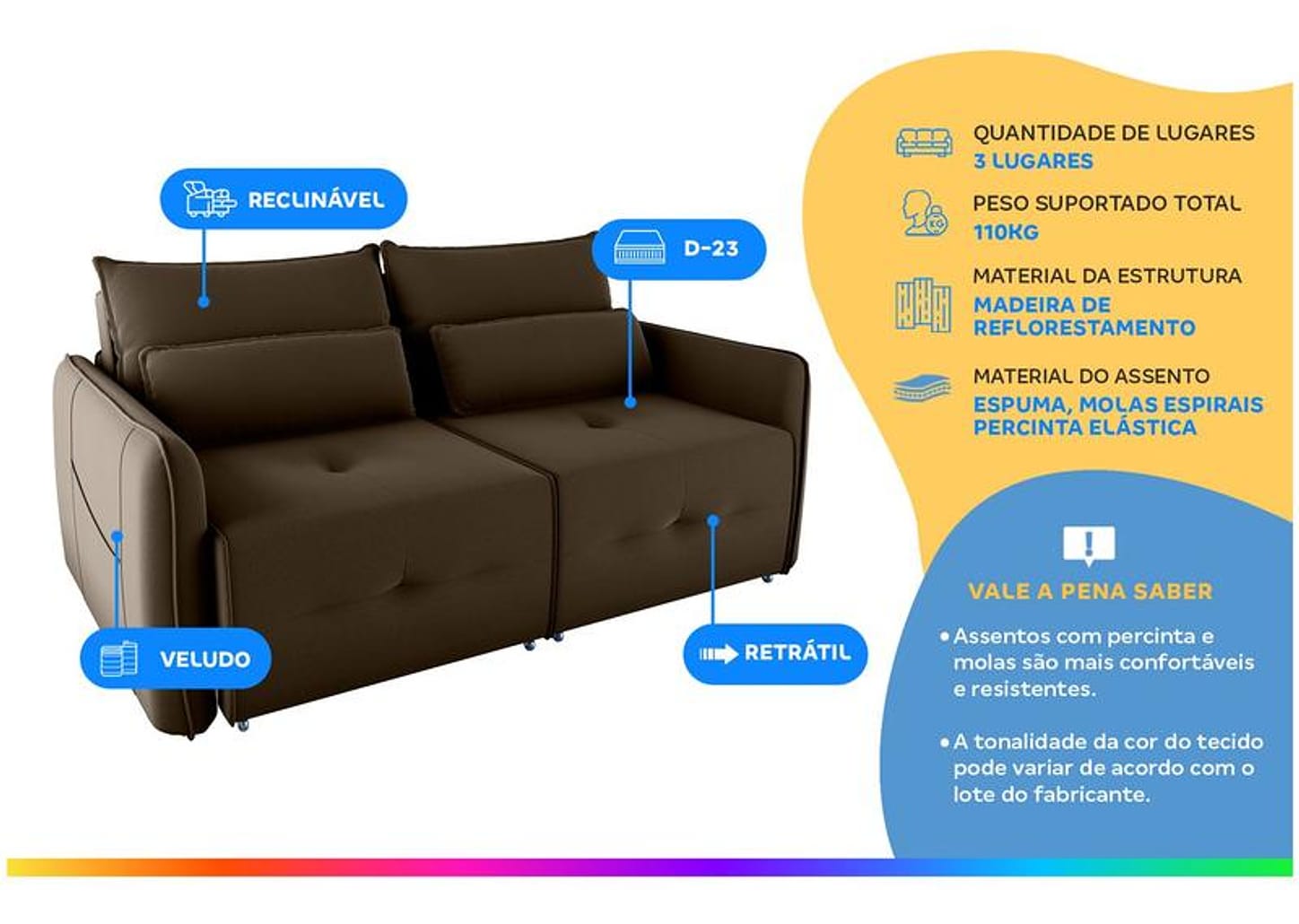 Sofá-cama 3 Lugares Retrátil Bipartido Reclinável Veludo Matrix Celine