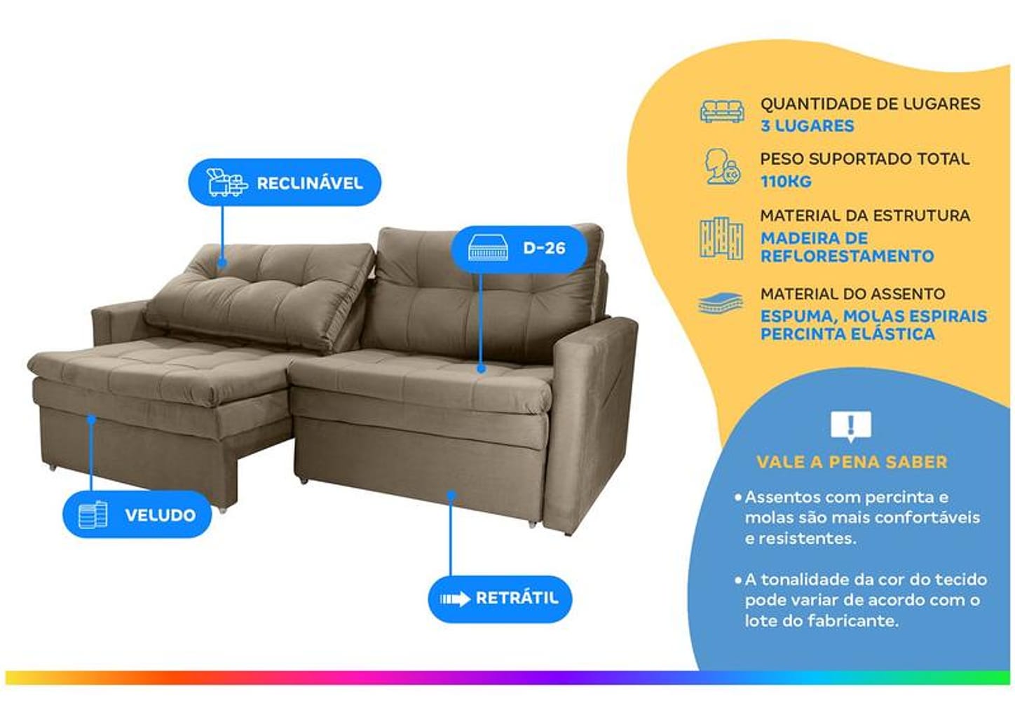 Sofá-cama Lugares Retrátil Bipartido Reclinável Veludo Matrix Nayla