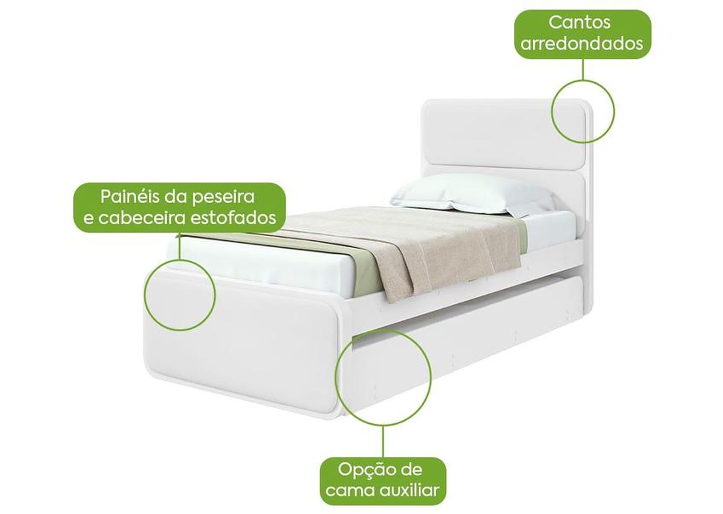 Cama de Solteiro com Cama Auxiliar Móveis Lopas Loop Branca