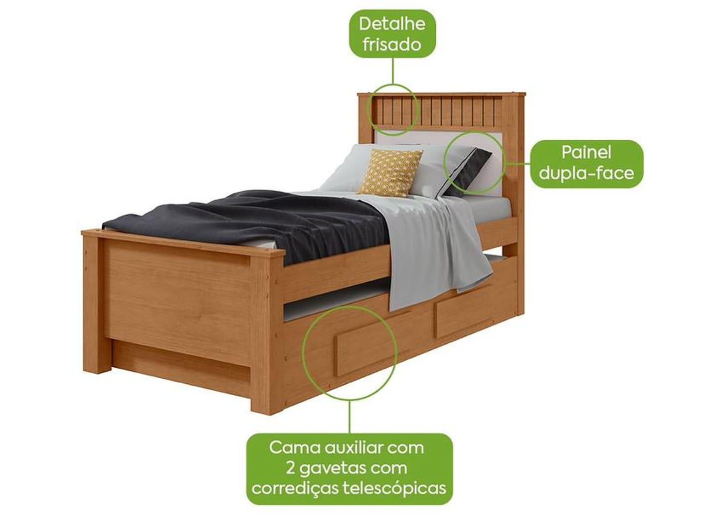 Cama de Solteiro com Cama Auxiliar 2 Gavetas Móveis Lopas Athenas Amêndoa Clean e Off White