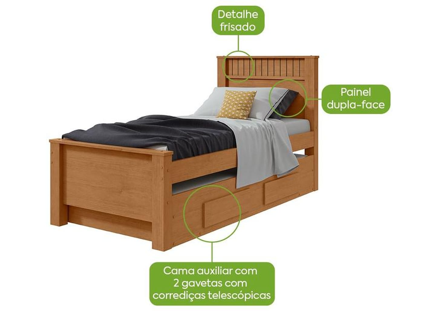 Cama de Solteiro com Cama Auxiliar 2 Gavetas Móveis Lopas Athenas Amêndoa Clean e Off White