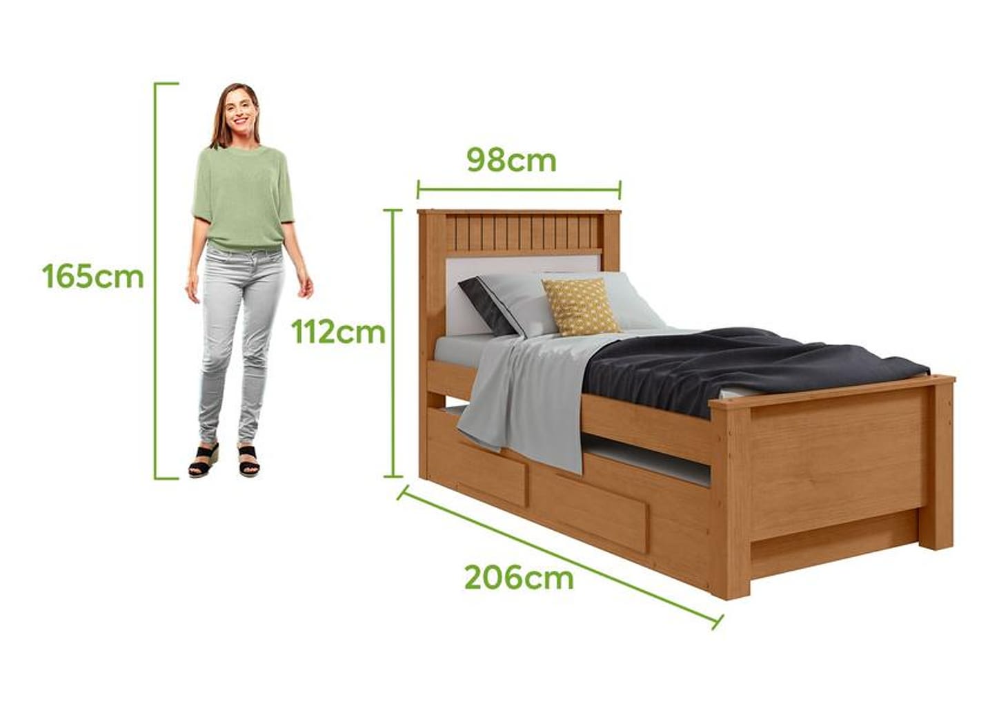 Cama de Solteiro com Cama Auxiliar 2 Gavetas Móveis Lopas Athenas Amêndoa Clean e Off White