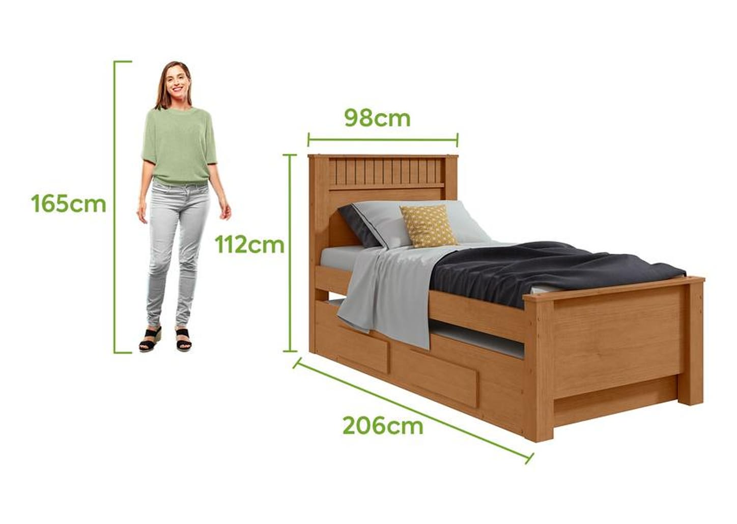 Cama de Solteiro com Cama Auxiliar 2 Gavetas Móveis Lopas Athenas Amêndoa Clean e Off White
