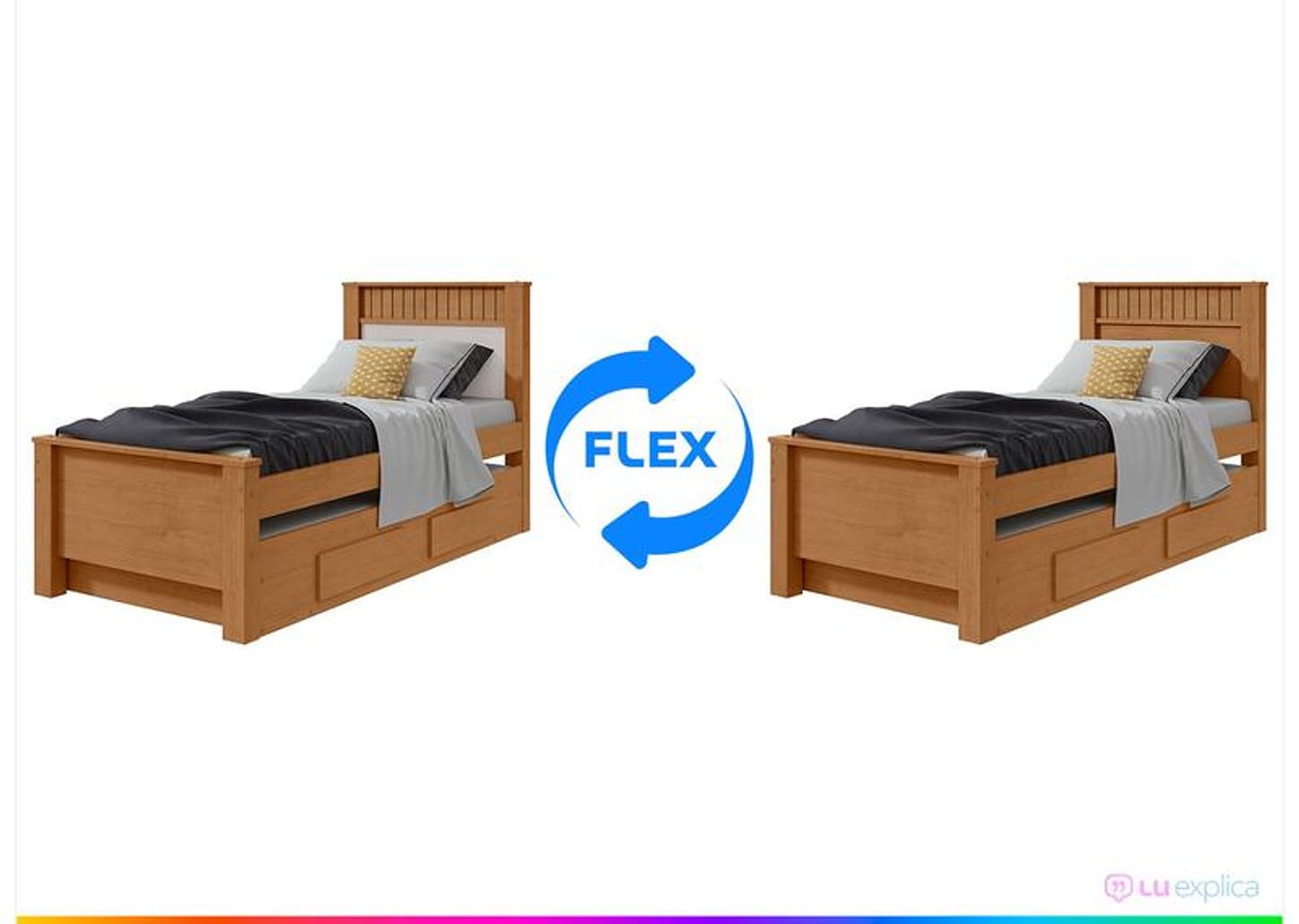 Cama de Solteiro com Cama Auxiliar 2 Gavetas Móveis Lopas Athenas Amêndoa Clean e Off White
