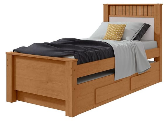 Cama de Solteiro com Cama Auxiliar 2 Gavetas Móveis Lopas Athenas Amêndoa Clean e Off White