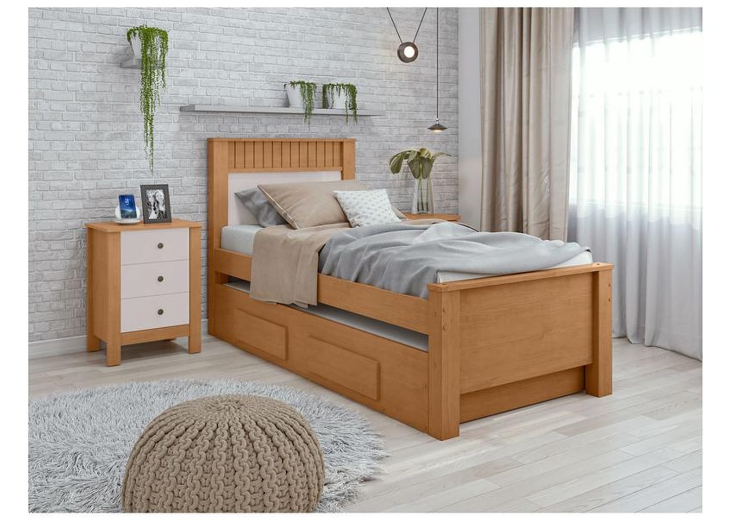 Cama de Solteiro com Cama Auxiliar 2 Gavetas Móveis Lopas Athenas Amêndoa Clean e Off White