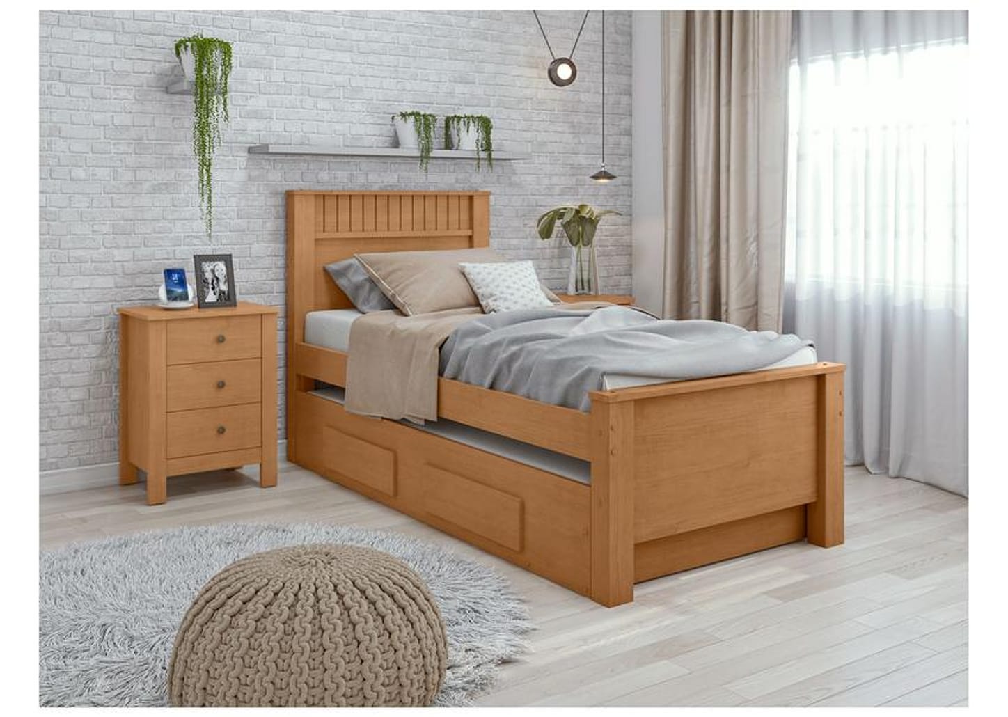 Cama de Solteiro com Cama Auxiliar 2 Gavetas Móveis Lopas Athenas Amêndoa Clean e Off White