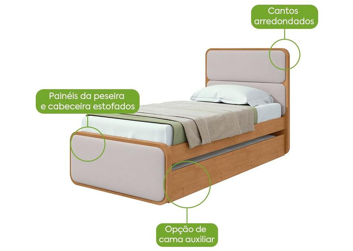 Cama de Solteiro com Cama Auxiliar Móveis Lopas Loop Amêndoa Clean e Corano Bege