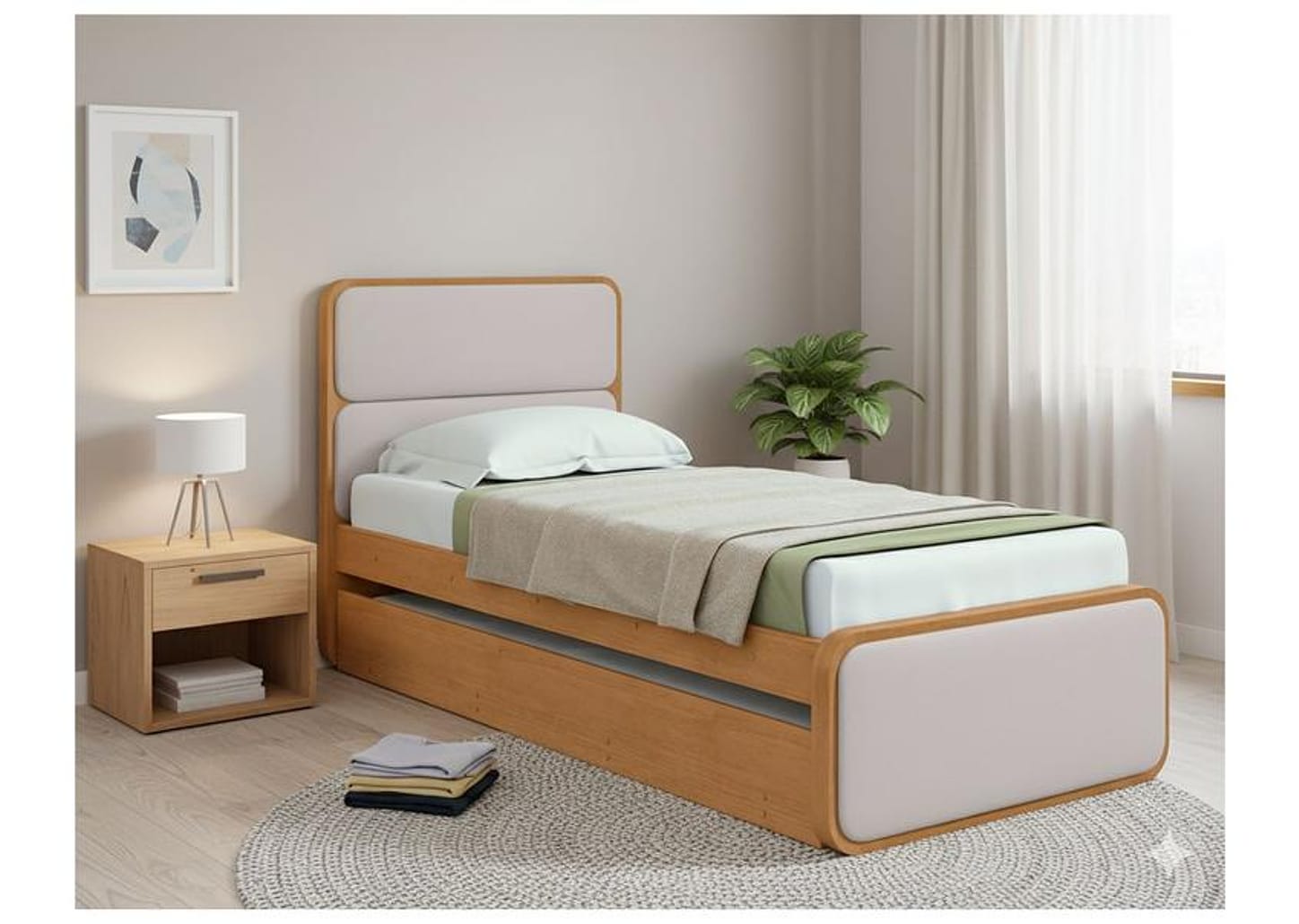 Cama de Solteiro com Cama Auxiliar Móveis Lopas Loop Amêndoa Clean e Corano Bege