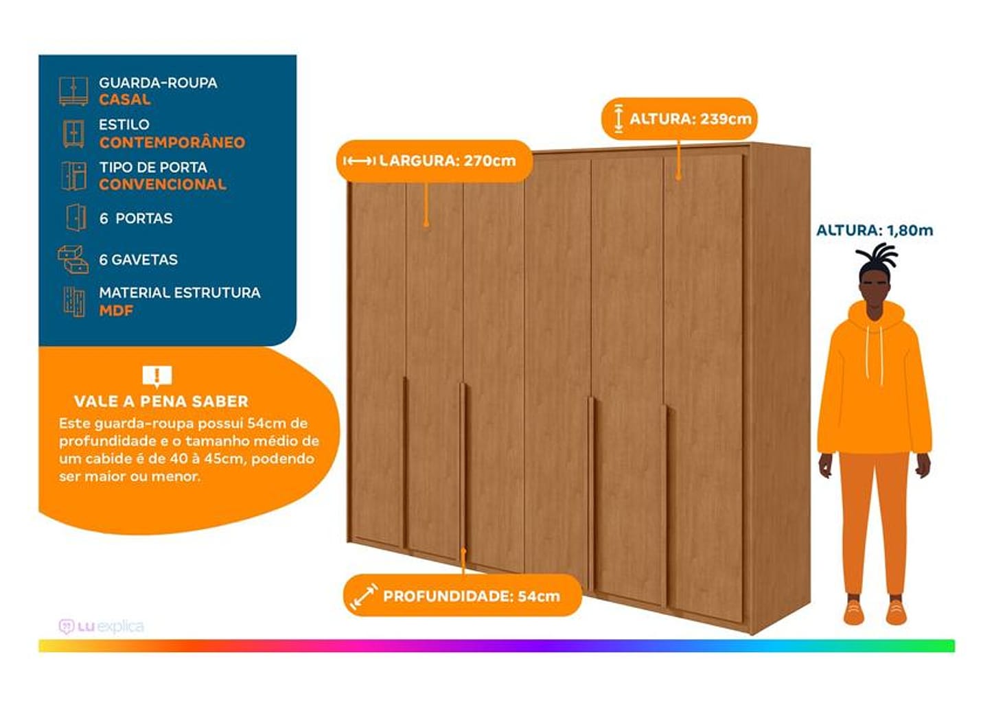 Guarda-roupa 6 Gavetas 6 Portas Móveis Lopas Casal Loop