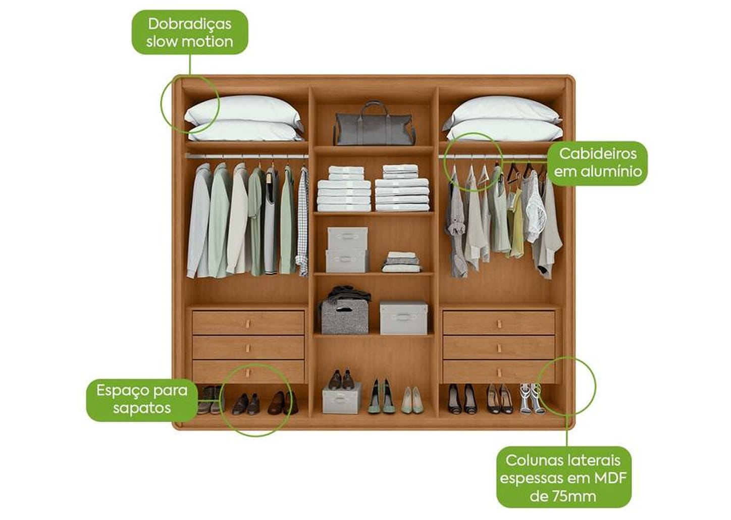 Guarda-roupa 6 Gavetas 6 Portas Móveis Lopas Casal Loop