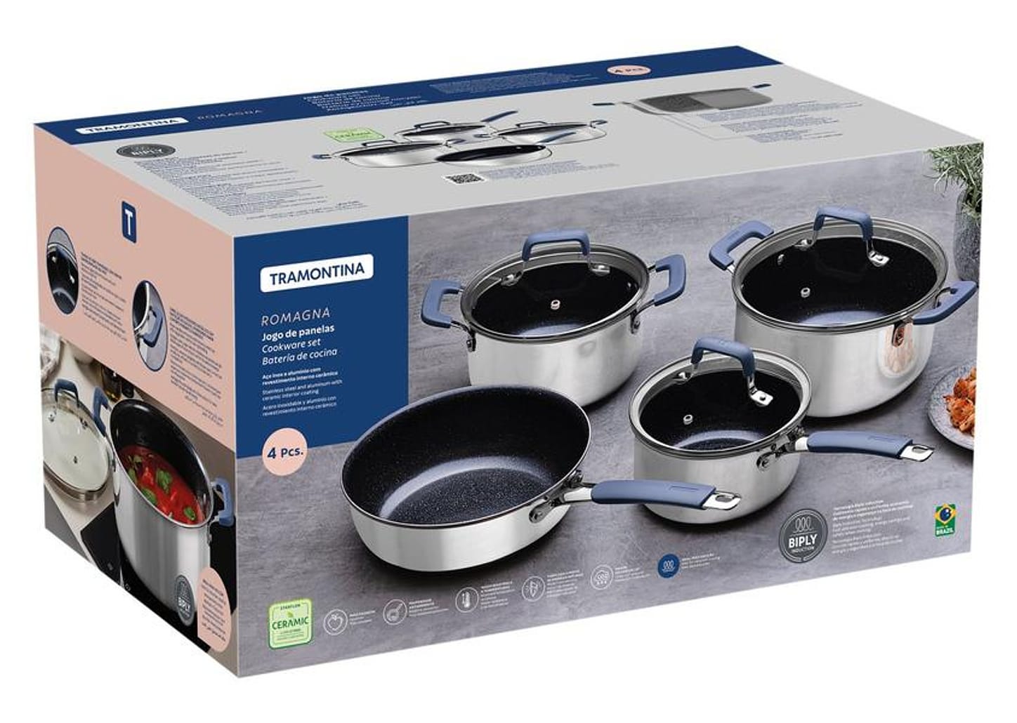 Jogo de Panelas Tramontina Revestimento Cerâmico Preto e Inox 4 Peças Romagna