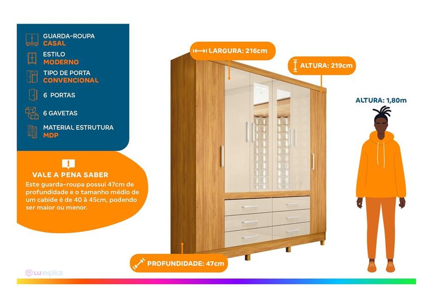 Guarda-roupa Casal com Espelho 6 Gavetas 6 Portas Demobile Paris II