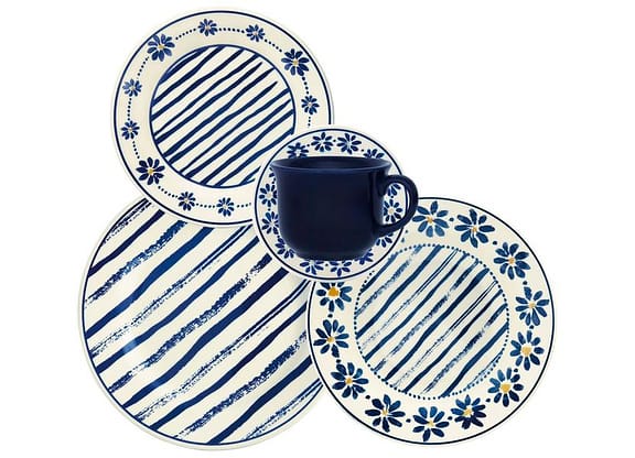 Aparelho de Jantar e Chá 20 Peças Biona Redondo de Cerâmica Azul Donna 24 Margaridas