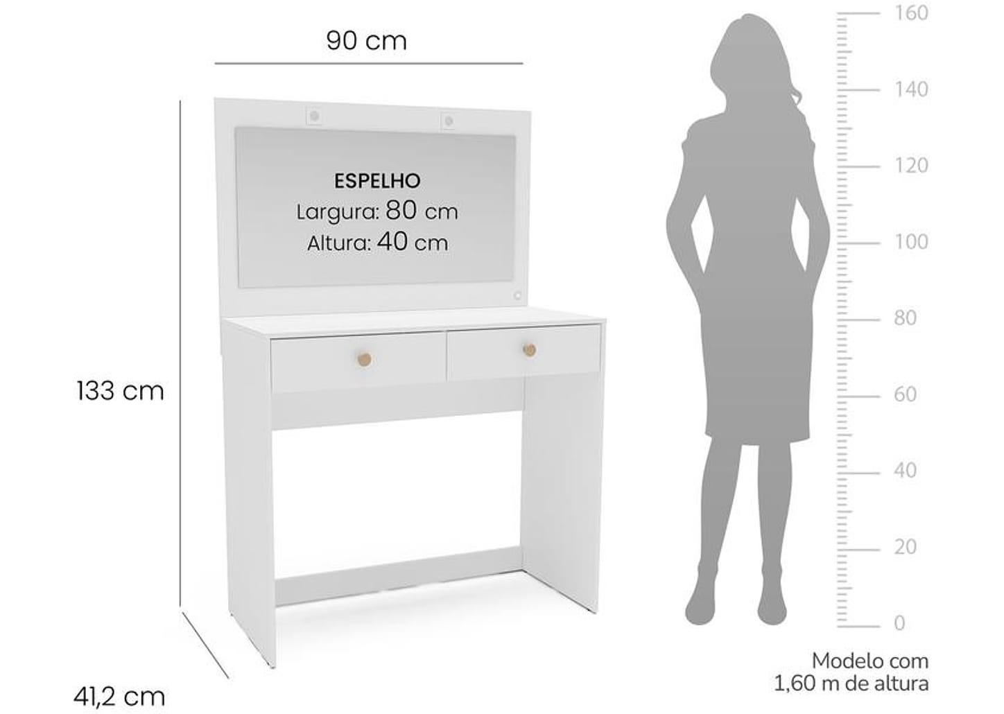 Penteadeira com Espelho e LED 2 Gavetas Politorno Móveis Valência