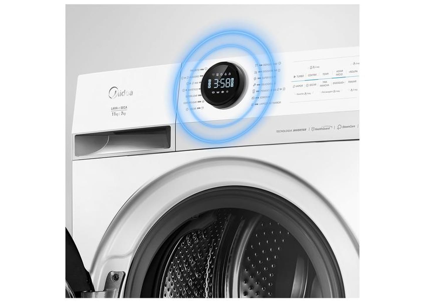 Lavadora de Roupas Midea Slim 11kg HealthGuard Smart Inverter Água Fria e Quente Branco MF201W110WB/WK-01