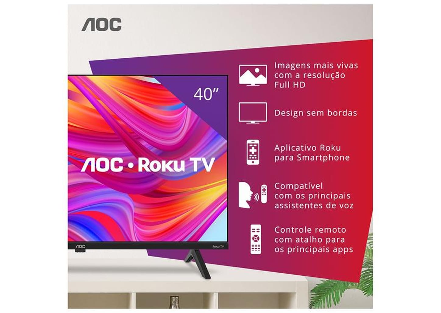 Smart TV 40" AOC Full HD DLED Série 5045 40S5045/78G Roku TV 2024