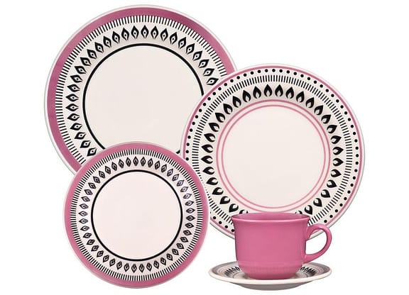 Aparelho de Jantar Chá 20 Peças Biona Redondo Cerâmica Retrô Blush