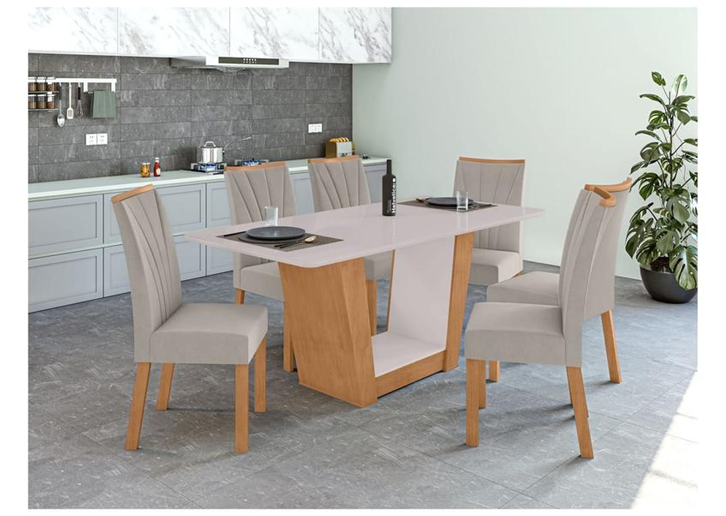 Mesa de Jantar 6 Cadeiras Retangular Frassino e Off White Móveis Lopas Apogeu