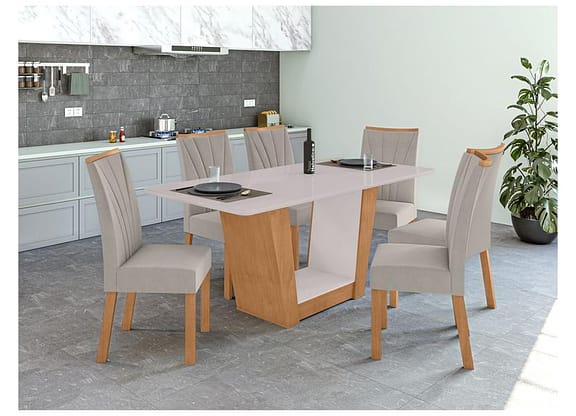 Mesa de Jantar 6 Cadeiras Retangular Frassino e Off White Móveis Lopas Apogeu