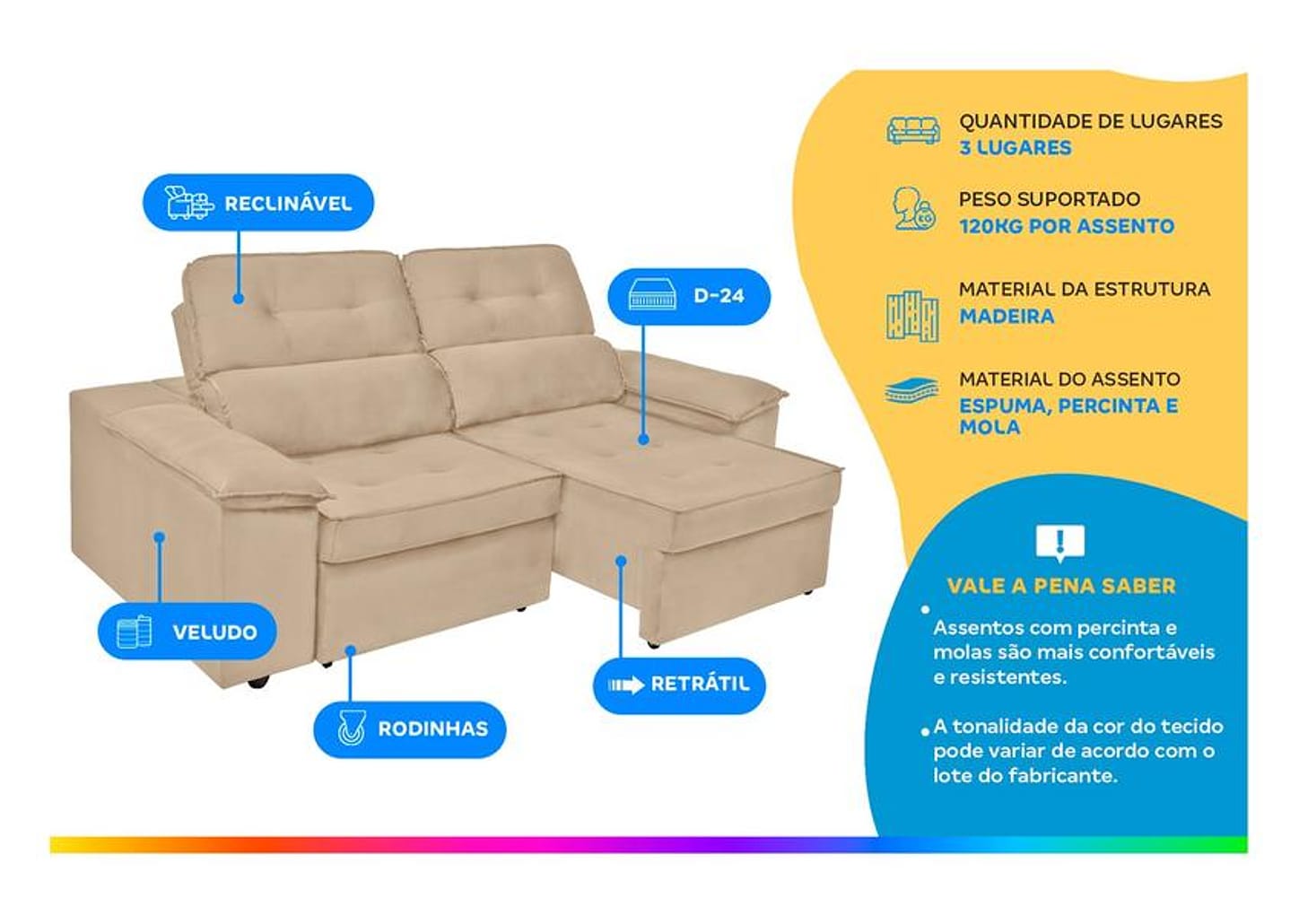 Sofá 3 Lugares Retrátil Reclinável Veludo Kratos SMP