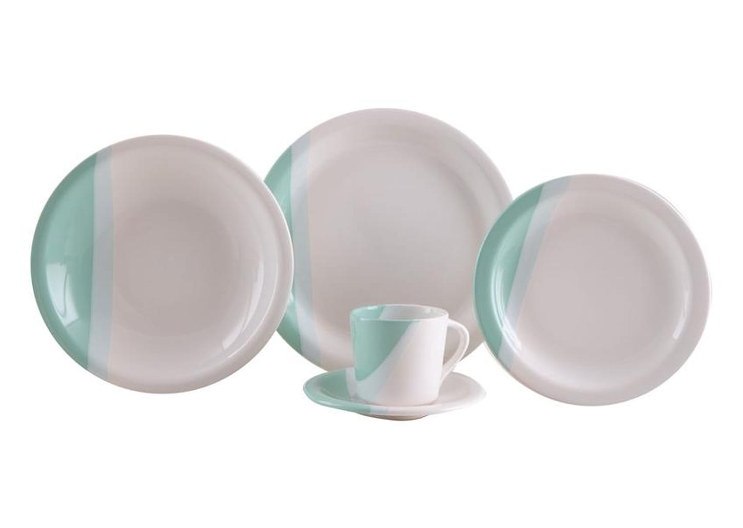 Aparelho de Jantar e Chá 20 Peças Cerâmica Brasilia Redondo Branco e Verde Menta Atual