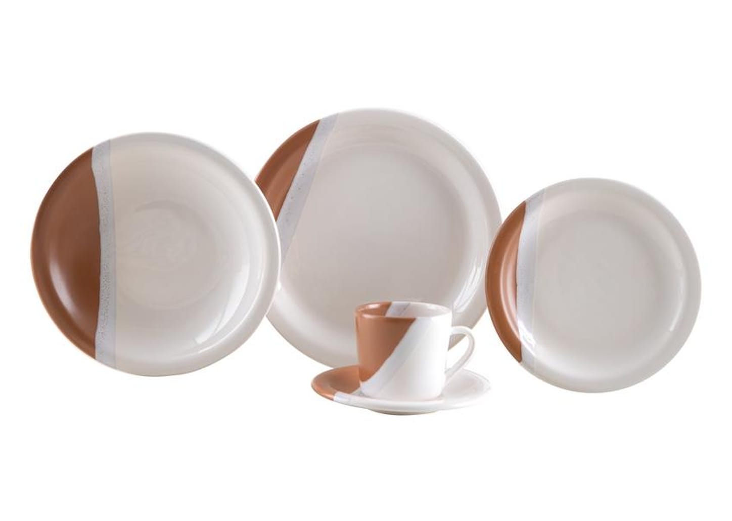 Aparelho de Jantar e Chá 20 Peças Cerâmica Brasilia Redondo Branco e Chocolate Atual