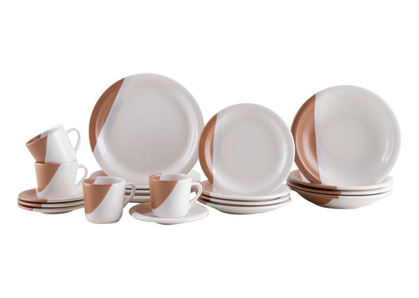 Aparelho de Jantar e Chá 20 Peças Cerâmica Brasilia Redondo Branco e Chocolate Atual