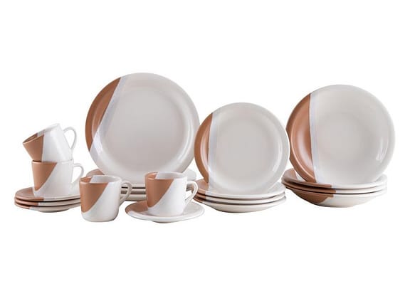 Aparelho de Jantar e Chá 20 Peças Cerâmica Brasilia Redondo Branco e Chocolate Atual